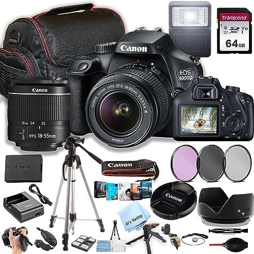 Canon EOS 4000D / Rebel T100 DSLR Camera w/EF-S 18-55mm F/3.5-5.6 Zoom Lens + 64GB Memory, Filters,Case, Tripod, Flash, and More (34pc Bundle) (Renewed)