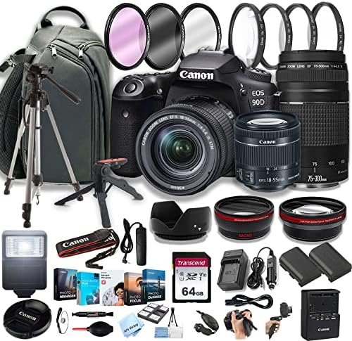 Canon EOS 90D DSLR Camera w/EF-S 18-55mm F/4-5.6 STM Zoom Lens + 75-300mm F/4-5.6 III Lens+ 64GB Memory Cards, Professional Photo Bundle (42pc Bundle) (Renewed)