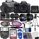 Canon EOS R100 Mirrorless Camera w/RF-S 18-45mm f/4.5-6.3 is STM Lens + Wide Angle Lens + Telephoto Lens + 64GB Memory + 3 Pc Filter Kit + Case + Flash + Tripod + More (37pc Bundle) (Renewed)