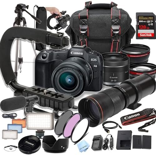 Canon EOS R8 Camera Bundle with 24-50mm + 420-800mm Super Telephoto Lens +128GB Extreme Speed Card, U-Grip, Microphone, LED Video Light, Spare Battery, Filter Kit, More (Extreme Pro-Bundle) (Renewed)