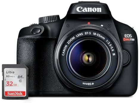 Canon EOS Rebel T100 DSLR Camera with EF-S 18-55mm f/3.5-5.6 III Lens, 18MP APS-C CMOS Sensor, Built-in Wi-Fi, Optical Viewfinder, Impressive Images & Full HD Videos, Includes 32GB SD Card